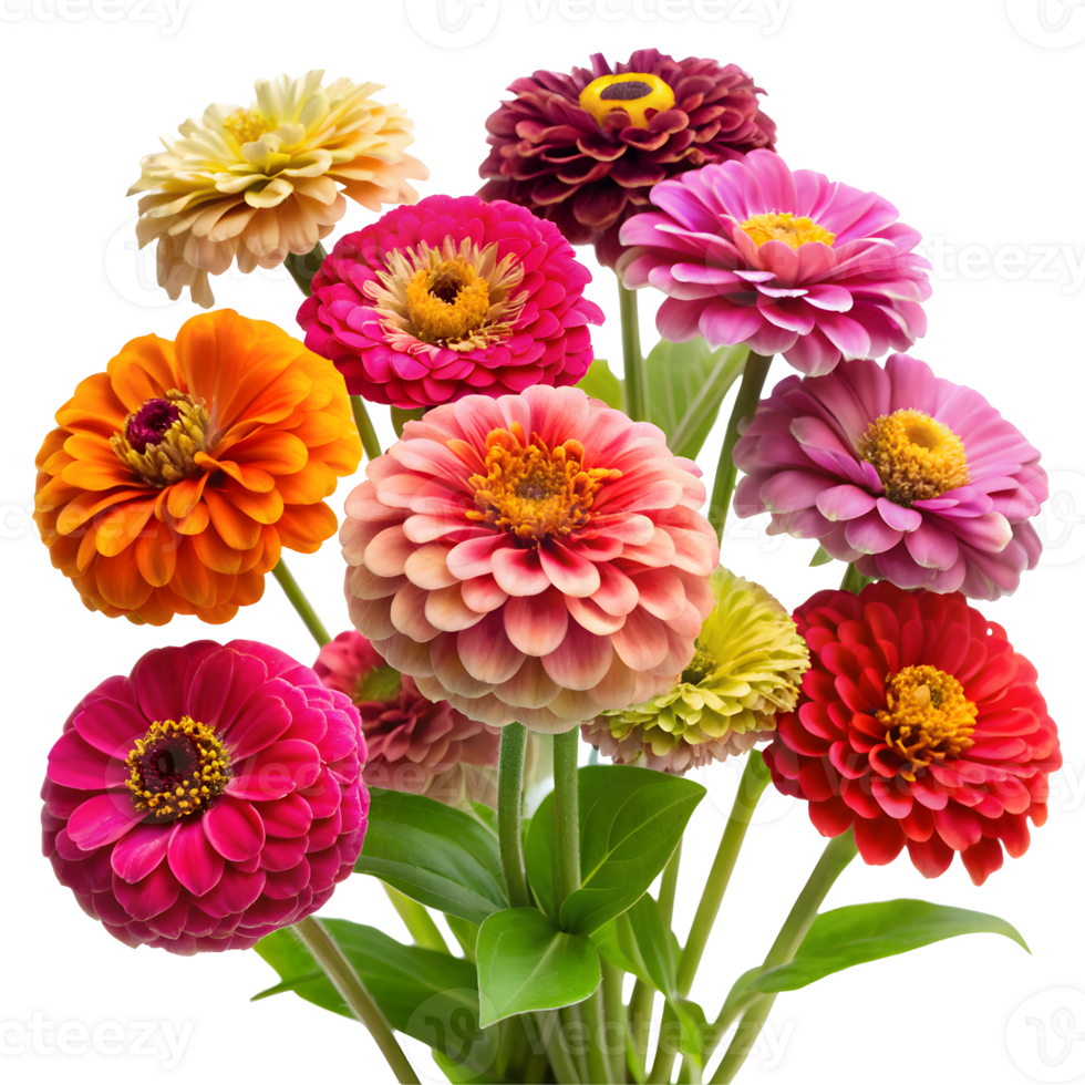 Vivid Zinnias in Multiple Colors Isolated on Transparent Background png