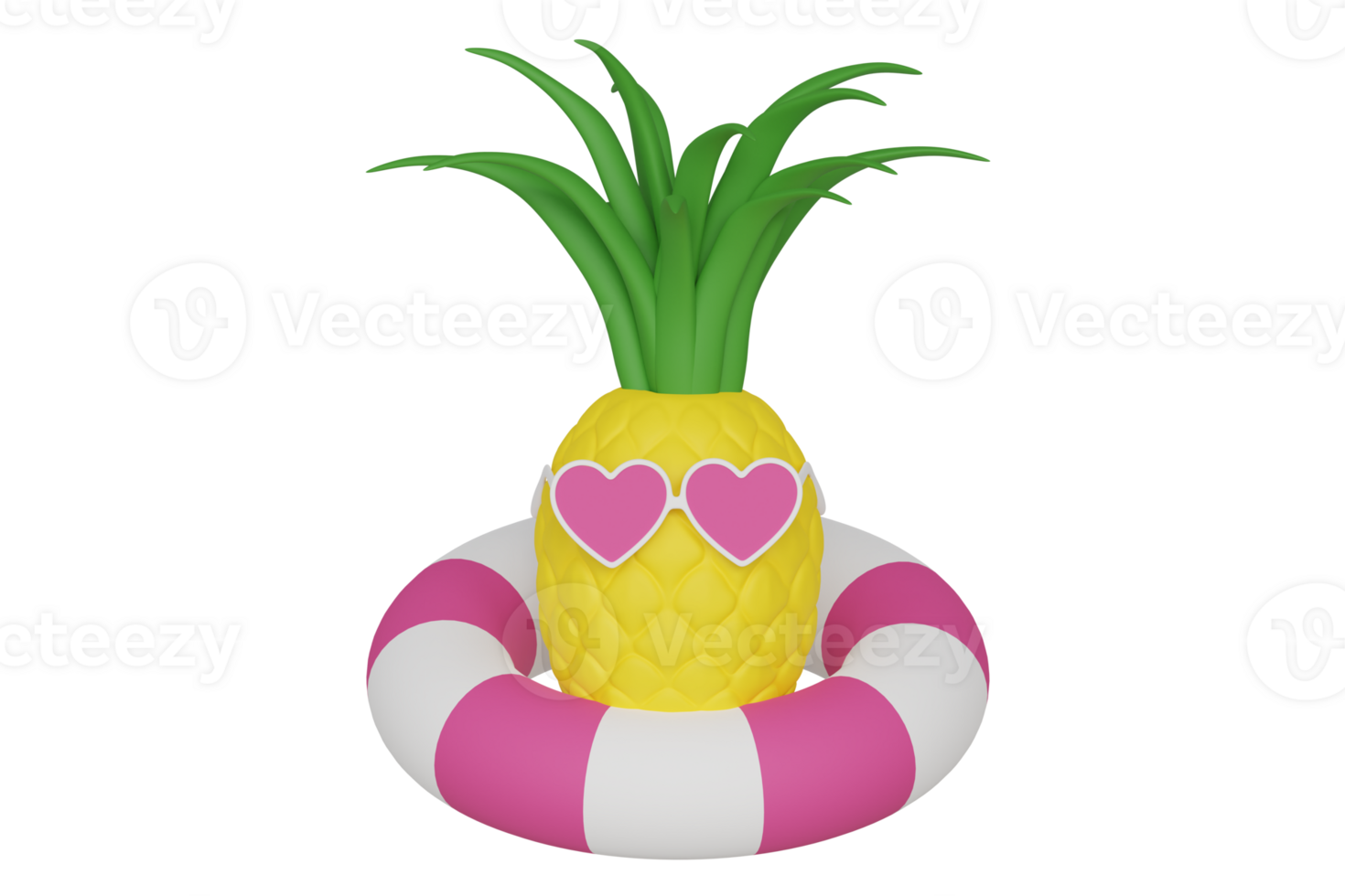 Cute pineapple in the heart shaped glasses swimming on inflatable pink pool ring 3d rendered png