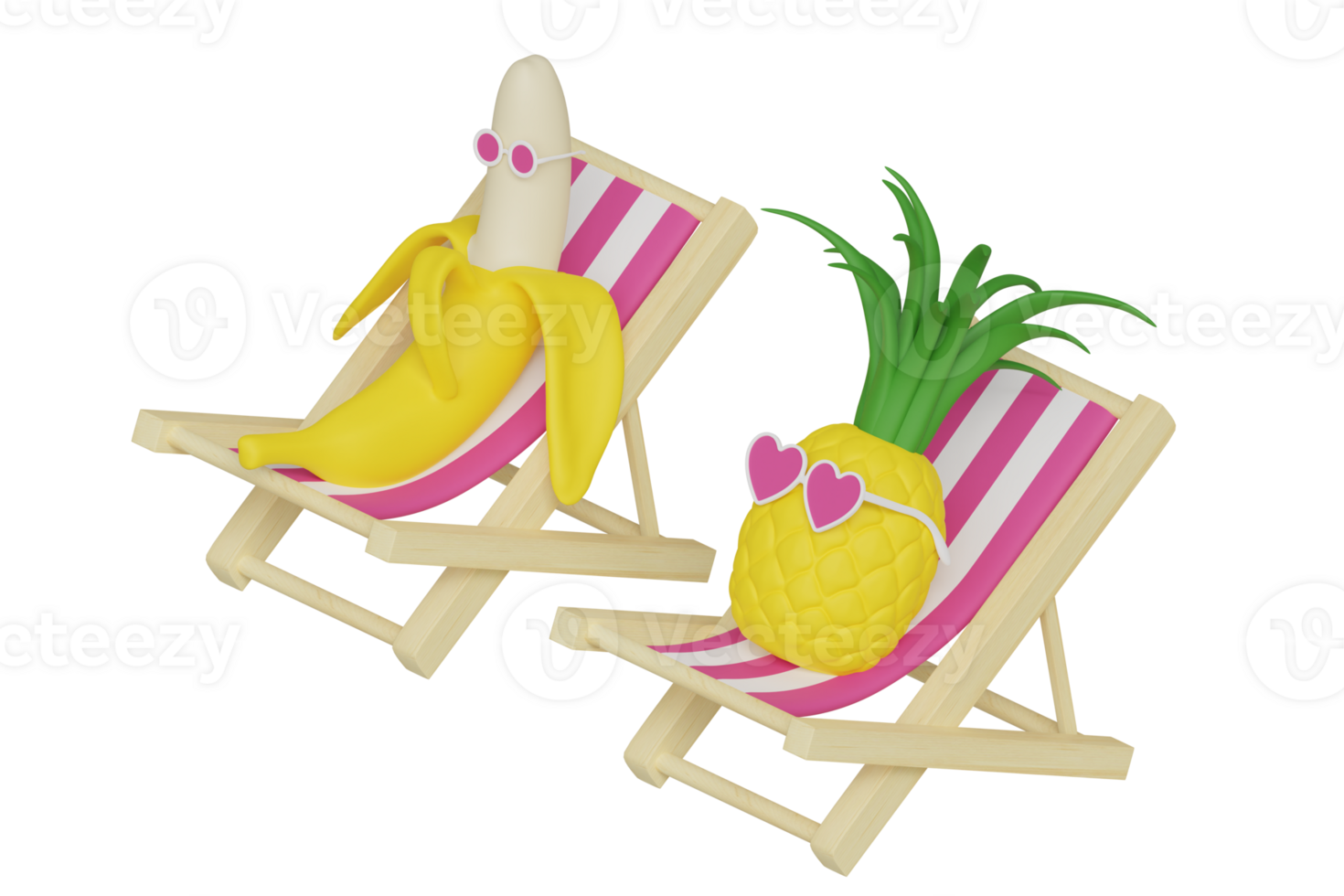 dessin animé mignonne ananas dans le cœur en forme de des lunettes et banane des fruits personnages dans le transat à le plage prise bain de soleil 3d rendu illustration isolé png