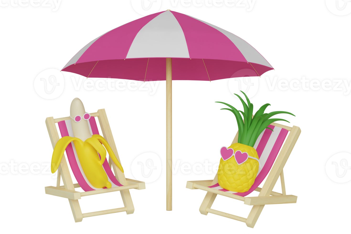 dessin animé mignonne ananas dans le cœur en forme de des lunettes et banane des fruits personnages dans le transats en dessous de le plage parapluie prise bain de soleil 3d rendu illustration isolé png