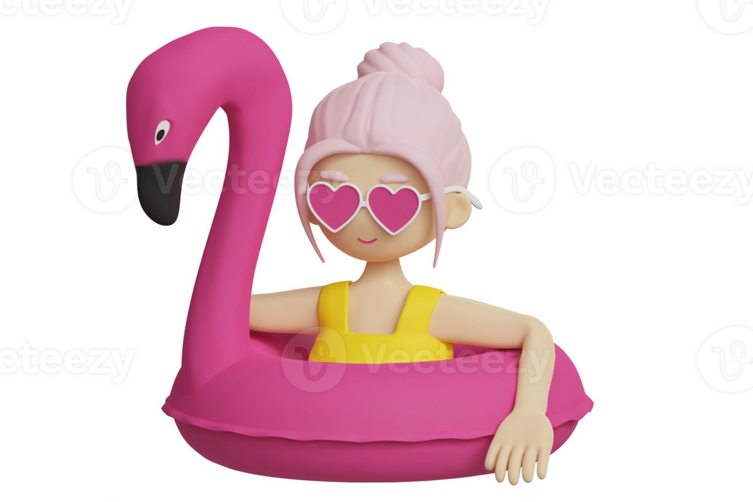 dessin animé mignonne femelle personnage dans le cœur en forme de des lunettes nager sur gonflable rose flamant 3d rendu illustration png