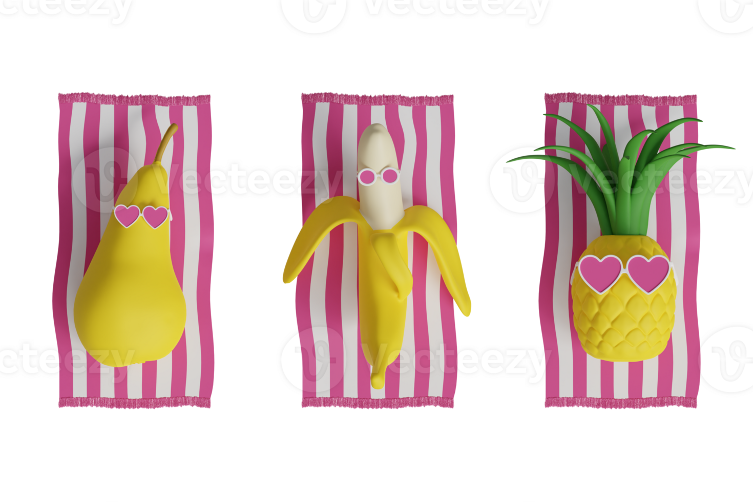 desenho animado fofa abacaxi dentro a coração em forma copos, banana e pera frutas personagens deitado às a de praia levando banho de sol 3d rendido ilustração isolado png