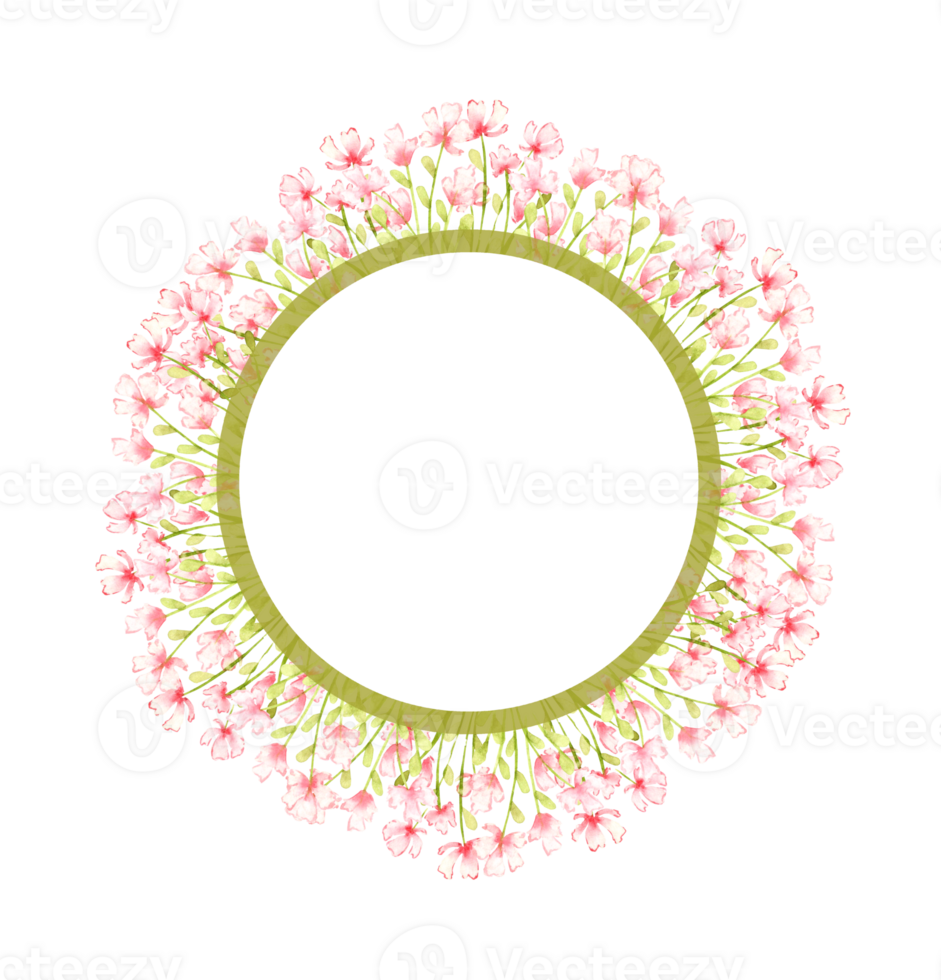 Pink flowers, small field frame, wreath, watercolor illustration. Summer meadow with floral print and wildflowers. Isolated from the background. For designing cards, invitations, wedding decor, png