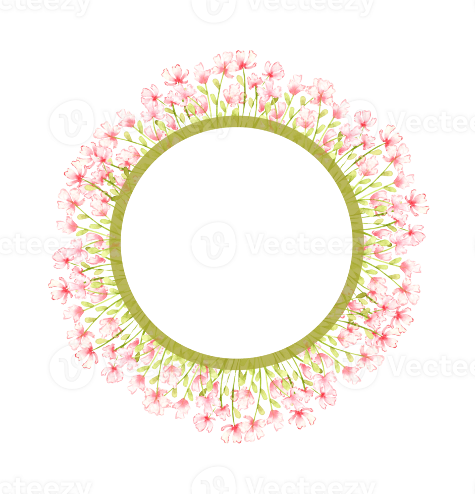 Pink flowers, small field frame, wreath, watercolor illustration. Summer meadow with floral print and wildflowers. Isolated from the background. For designing cards, invitations, wedding decor, png