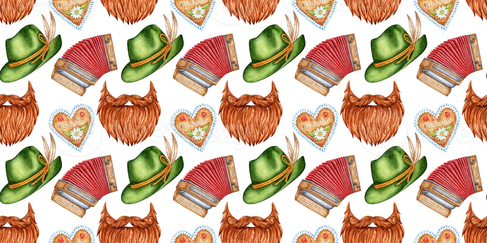 Oktoberfest pattern of watercolor illustrations with hat, beard, accordion, gingerbread. Harvest festival, beer festival. Compositions for posters, banners, flyers, design png