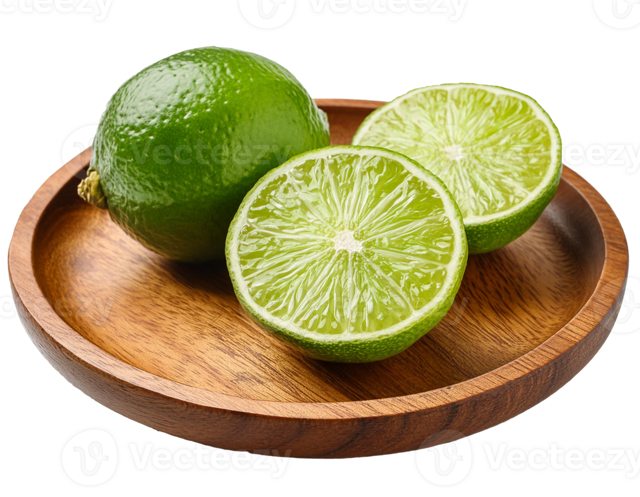 fresh green lime on a wooden plate on a transparent background png