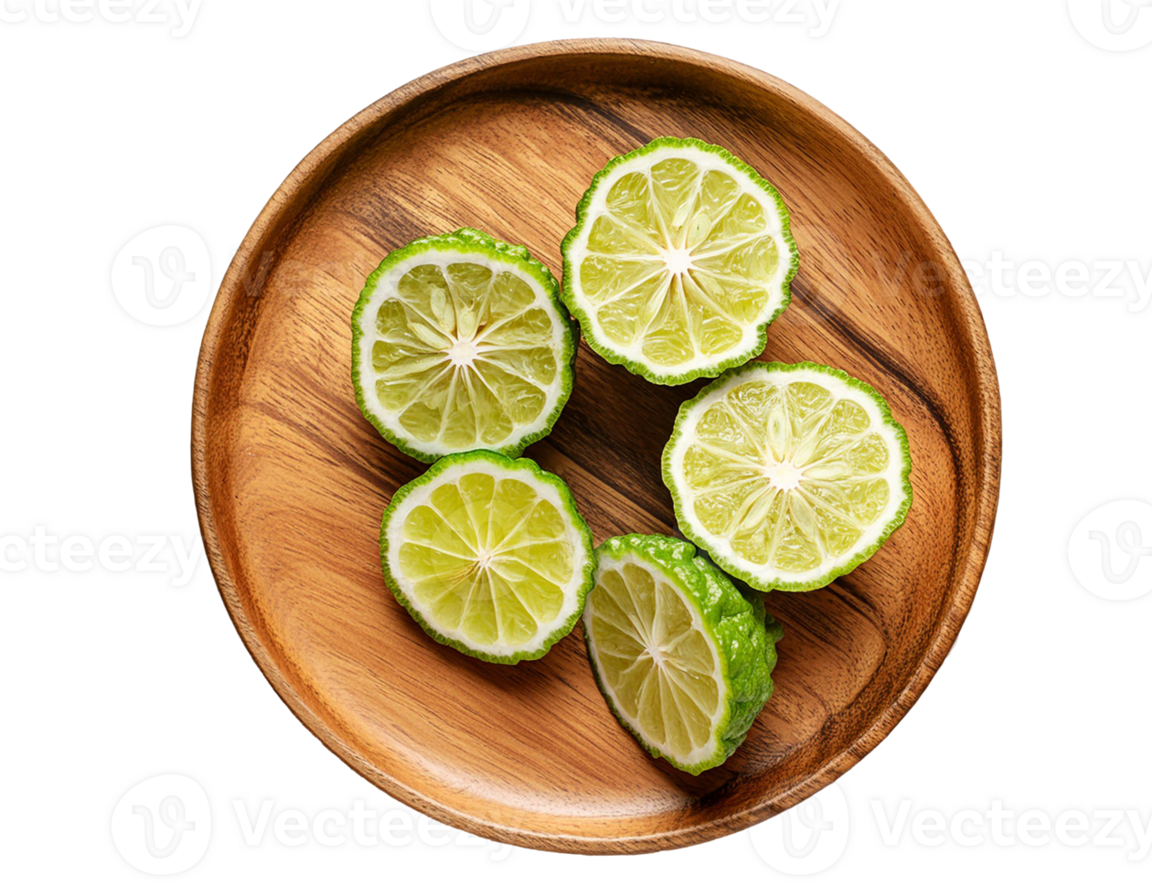 cut fresh kaffir limes on a wooden plate png