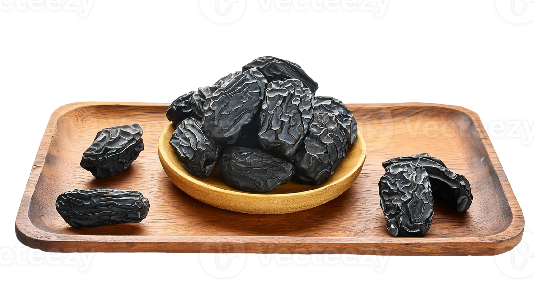Whole and cut sweet ajwa dates on a wooden plate png