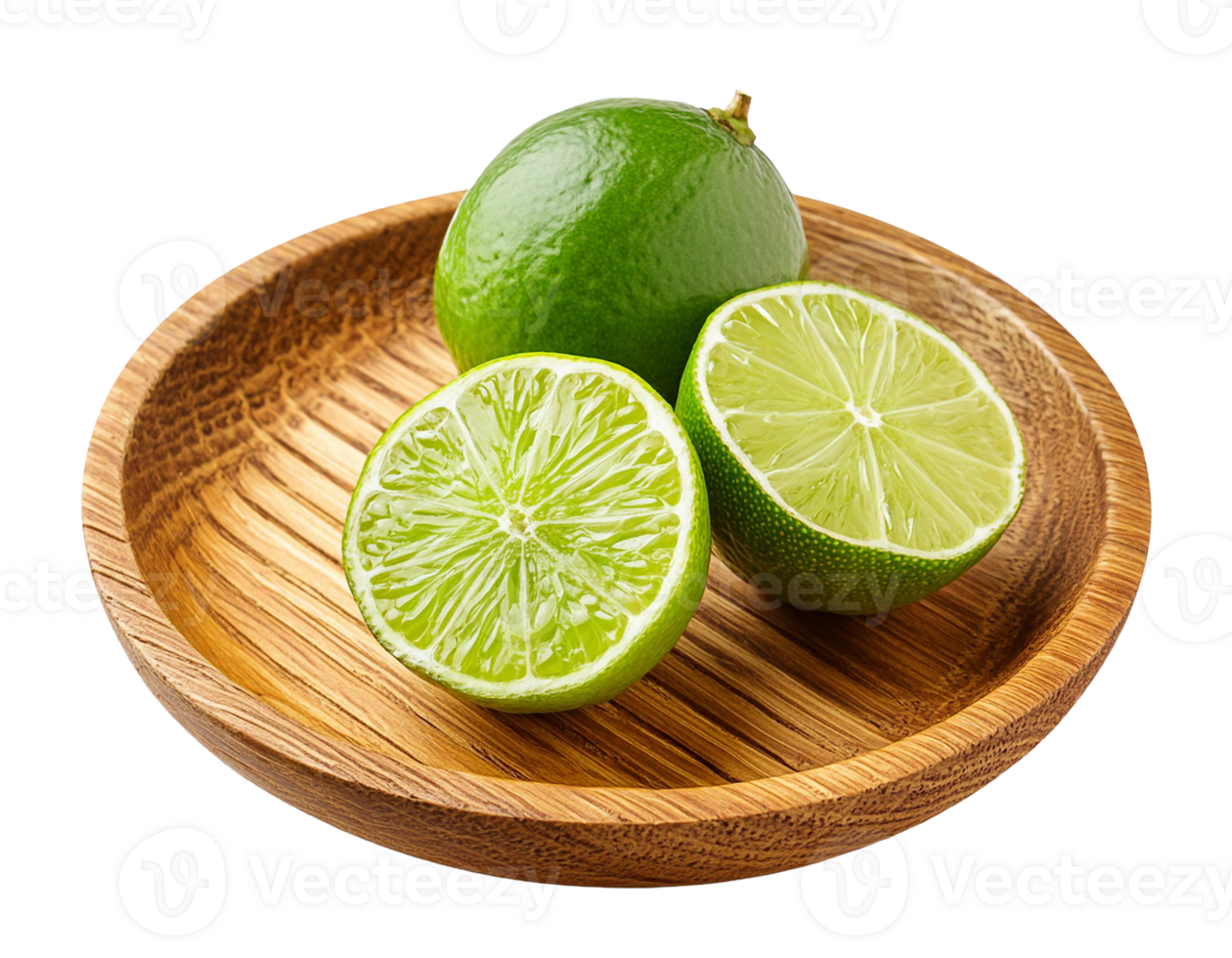 fresh green lime on a wooden plate on a transparent background png