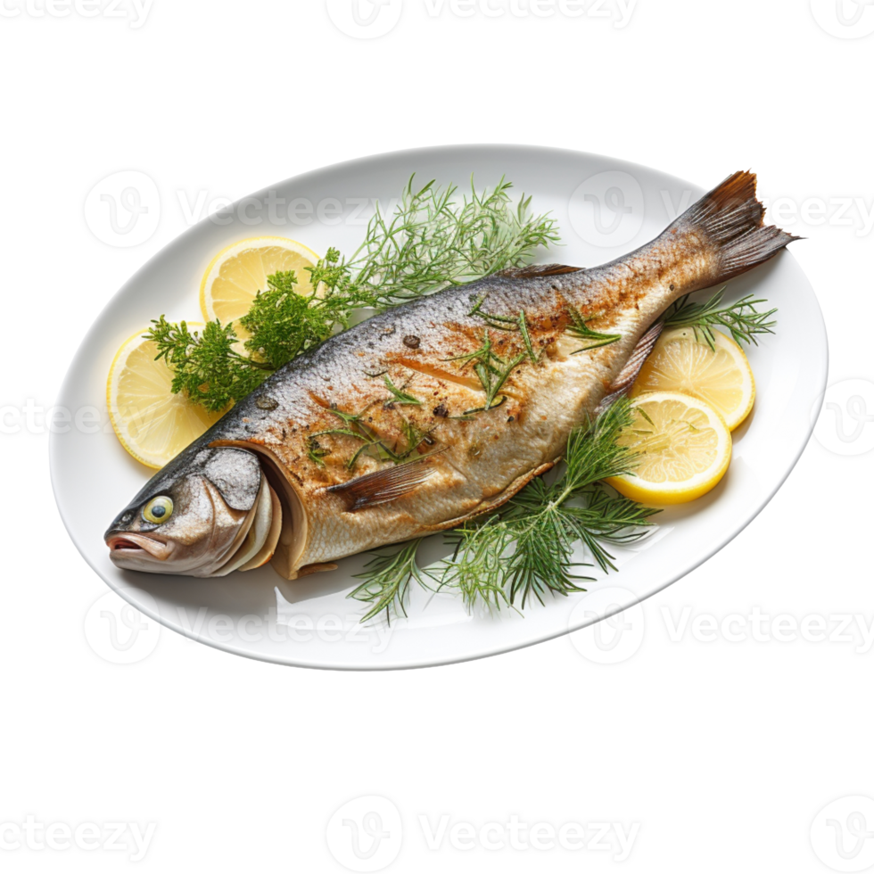A fried trout with lemon and dill isolated on transparent background png