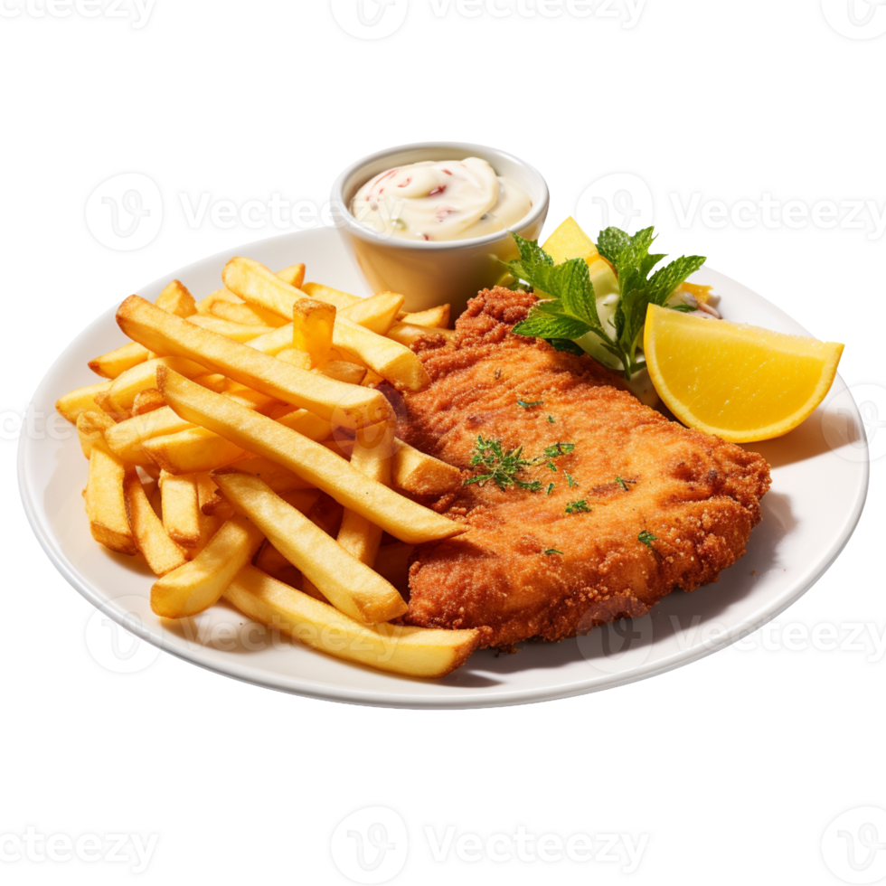 A German schnitzel with fries, lemon isolated on transparent background png