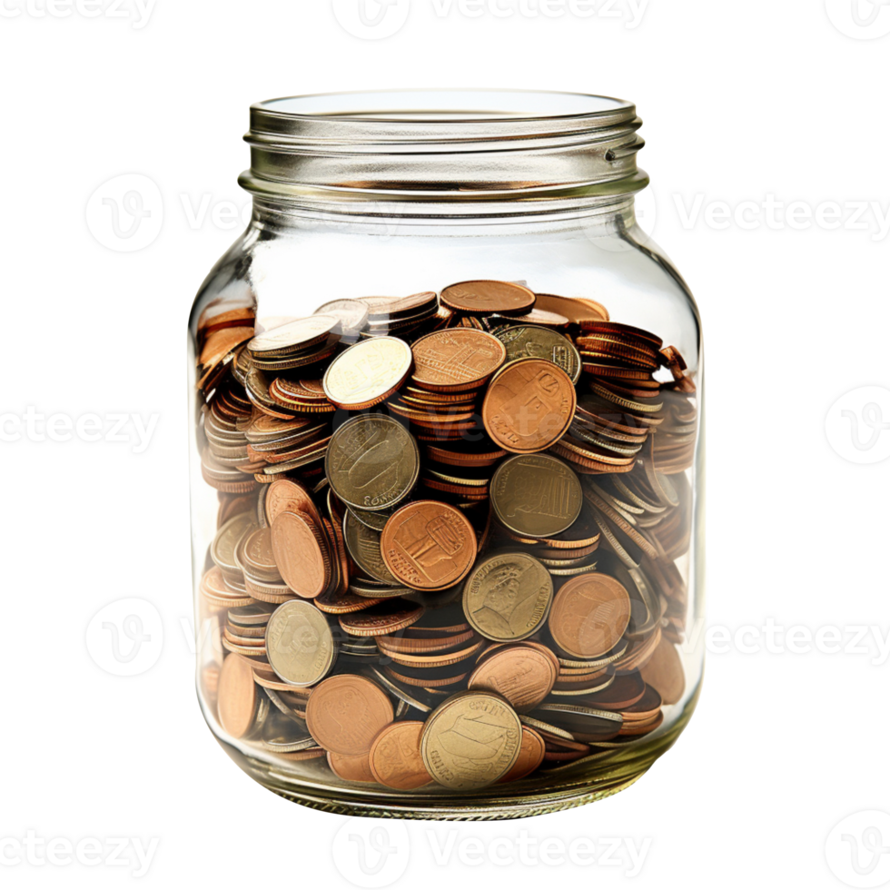 A glass jar full of golden coins isolated on transparent background png