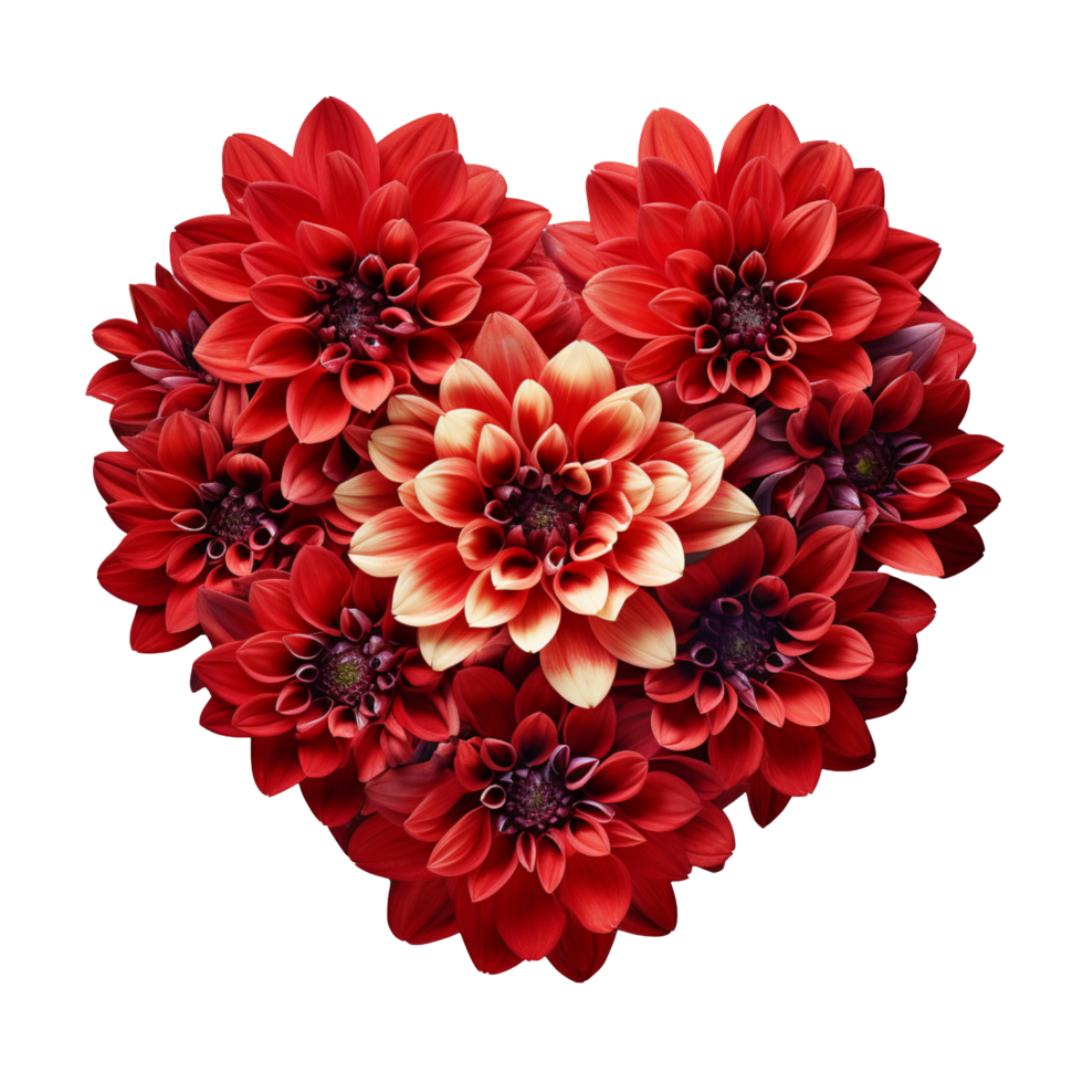 en hjärta tillverkad upp av röd dahlia blommor isolerat på transparent bakgrund png