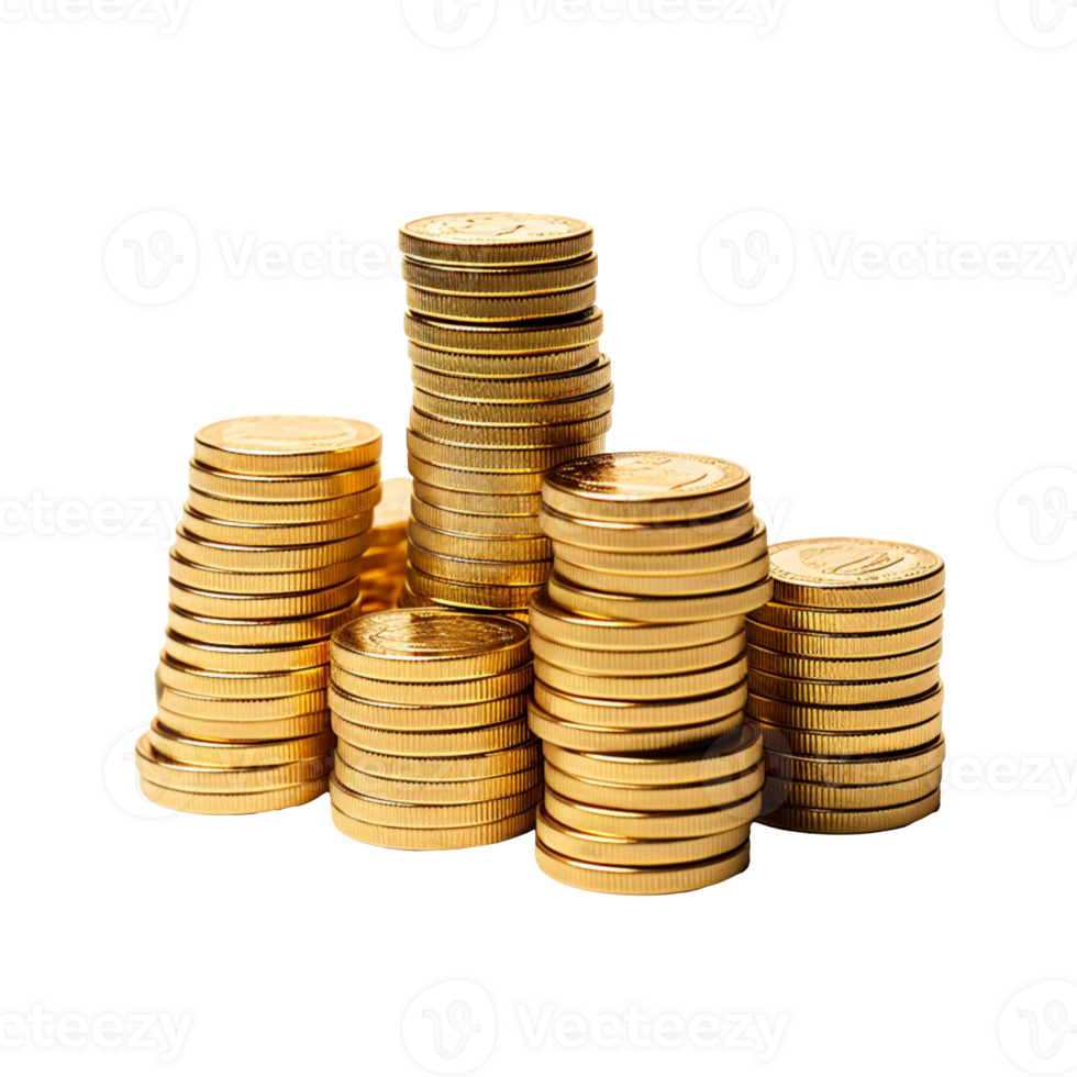 A lot of stacking gold coins isolated on transparent background png