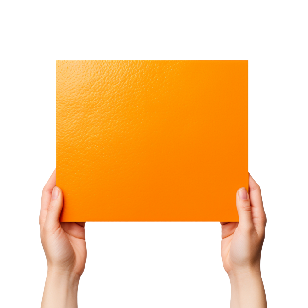 uma humano mão segurando a laranja papel isolado em transparente fundo png