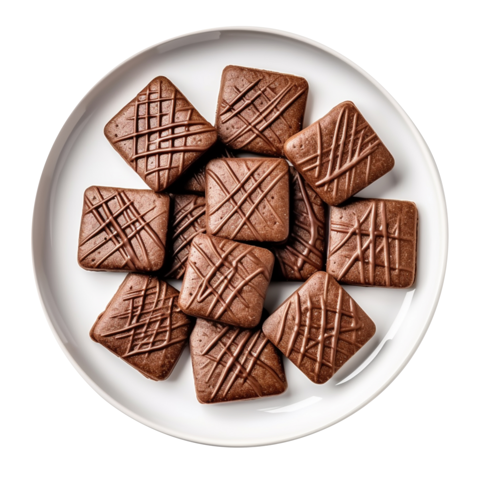 un plato con cuadrado conformado chocolate galletas parte superior ver aislado en transparente antecedentes png