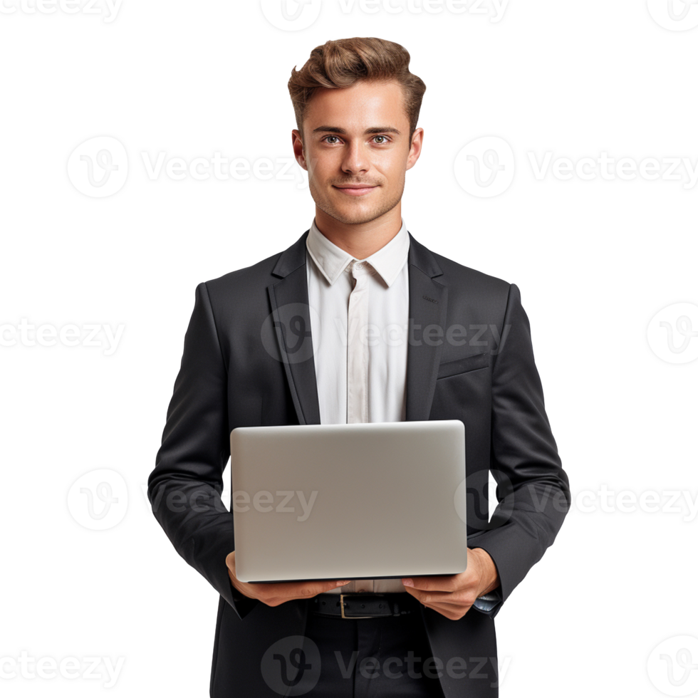 A young Businessman Stands Confidently Holding his Laptop isolated on transparent background png