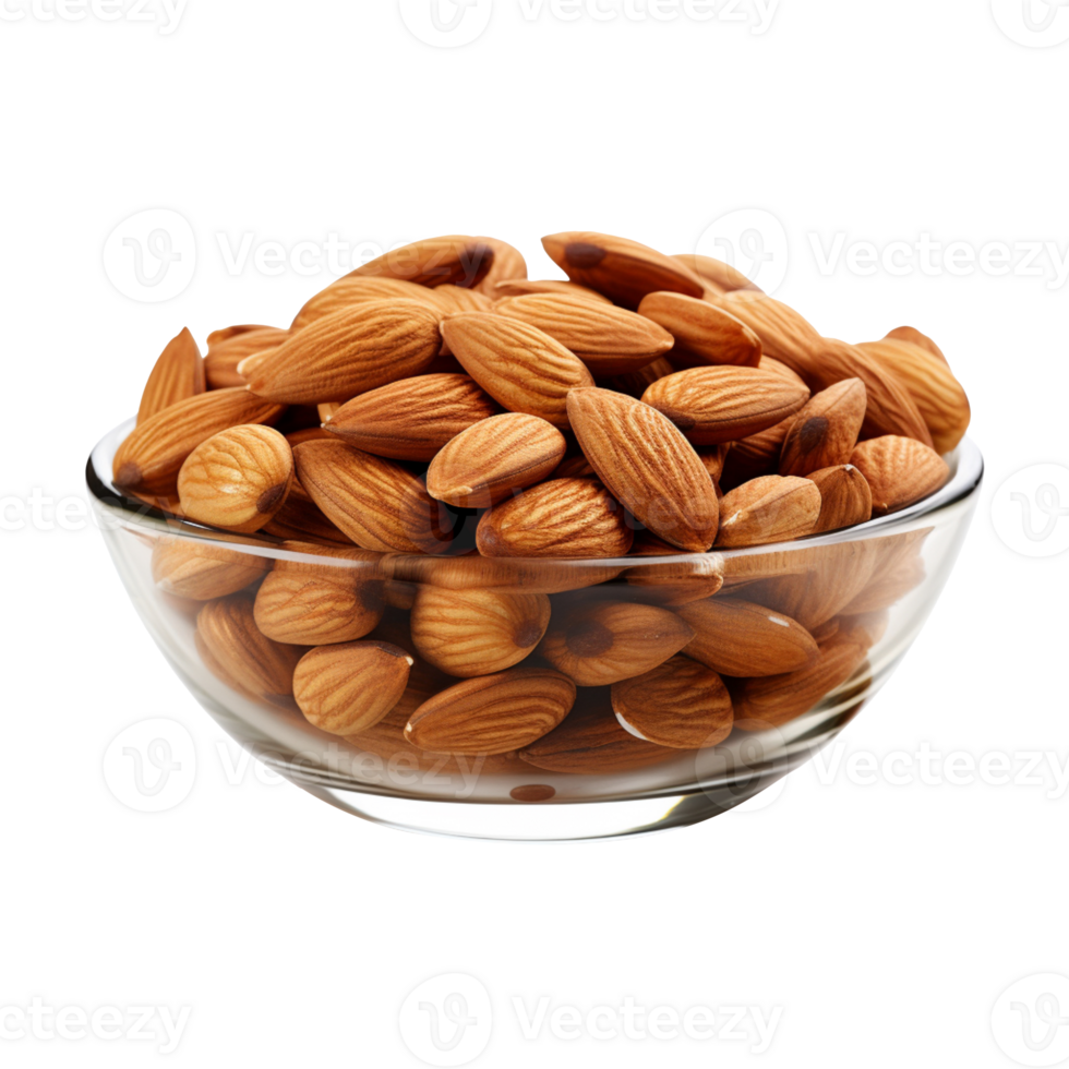 Almond nuts in a bowl isolated on transparent background png