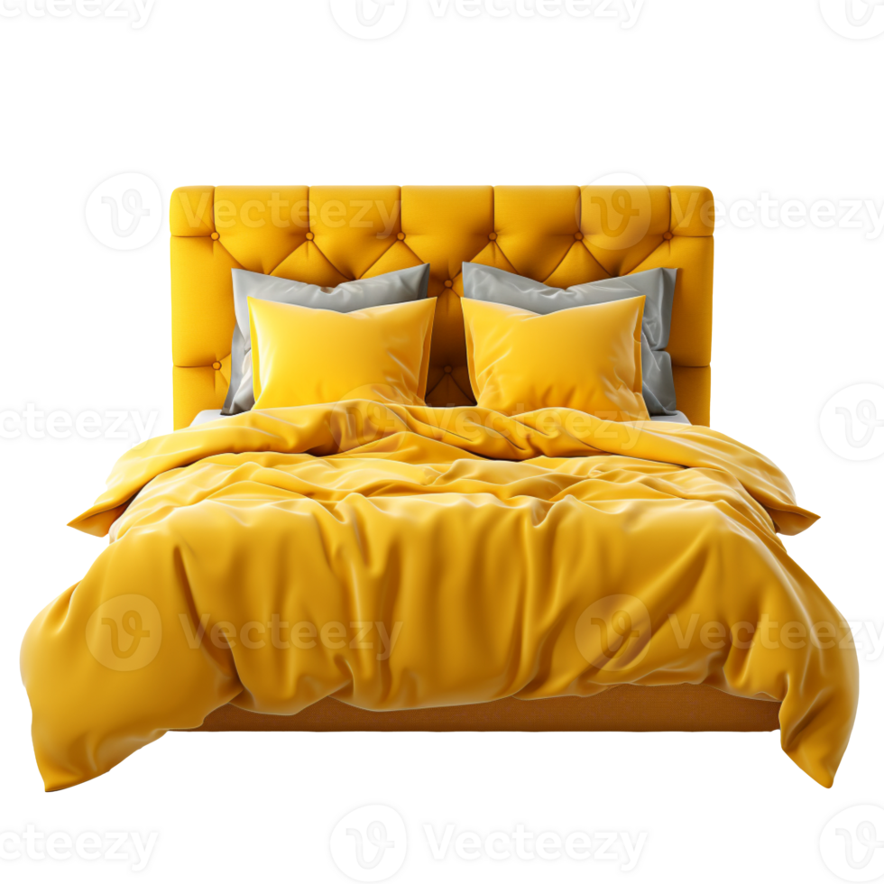 Bed with yellow pillows isolated on transparent background png