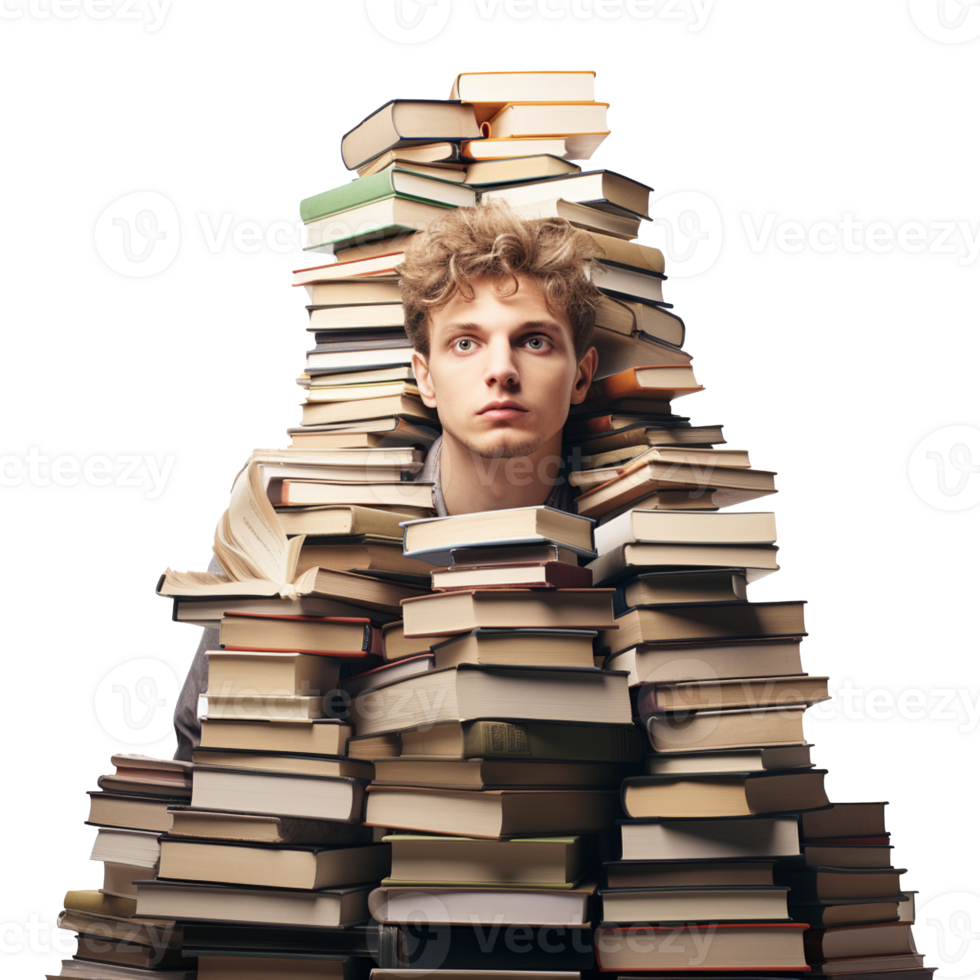 books pile over student head isolated on transparent background png
