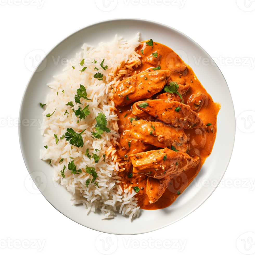 Butter chicken with basmati rice on a plate top view isolated on transparent background png
