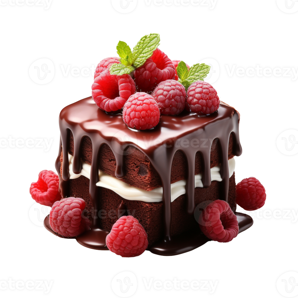 chocolate cake with raspberries isolated on transparent background png