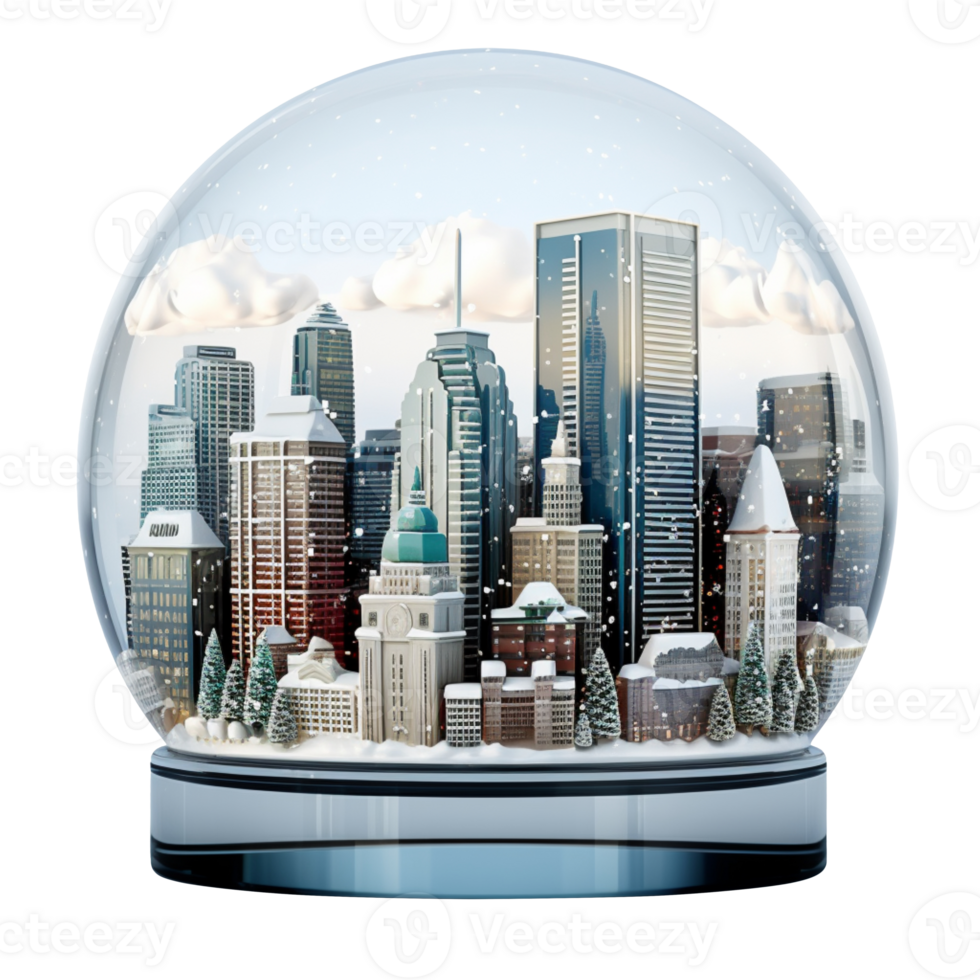 City skyscrapers in snow globe isolated on transparent background png