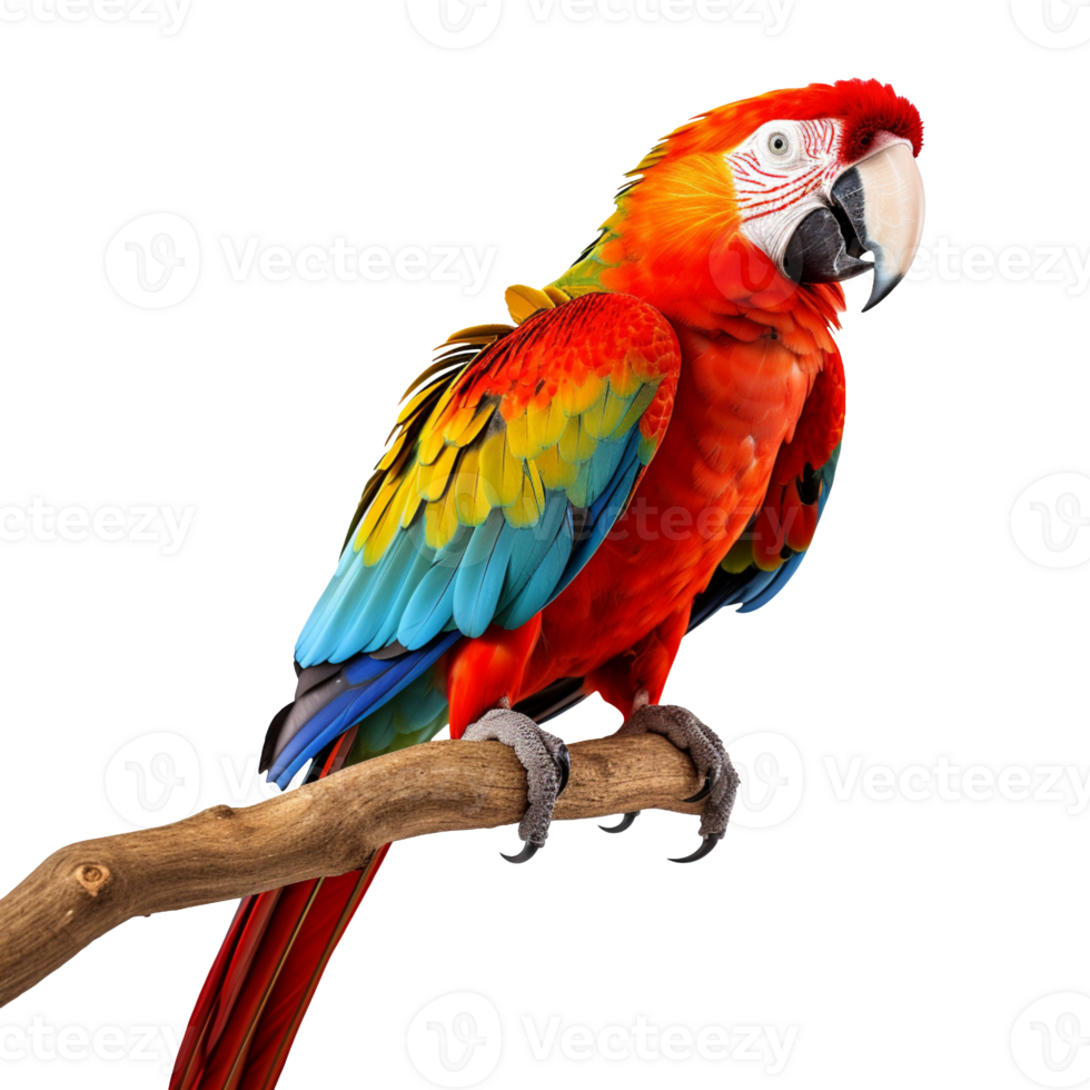 Colorful parrot on tree branch isolated on transparent background png