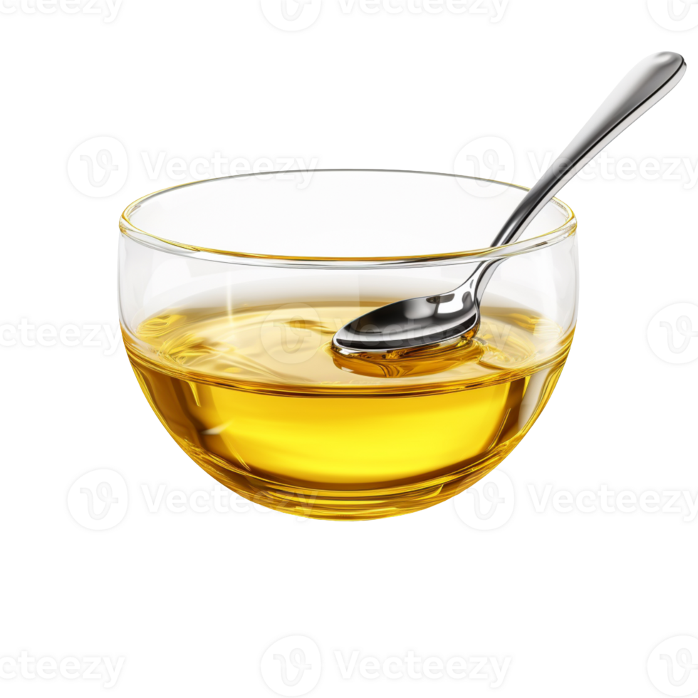 Cooking oil in glass bowl with spoon isolated on transparent background png