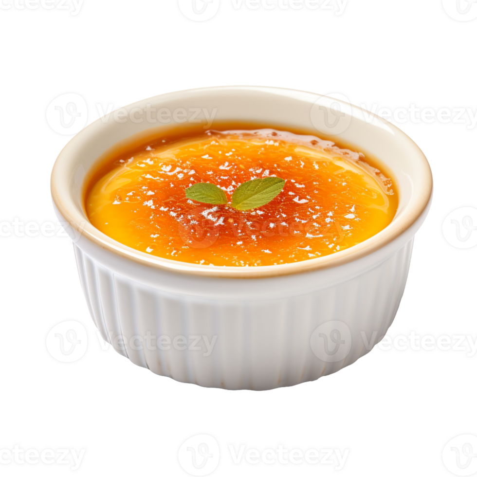 Creme brulee in a ceramic bowl isolated on transparent background png