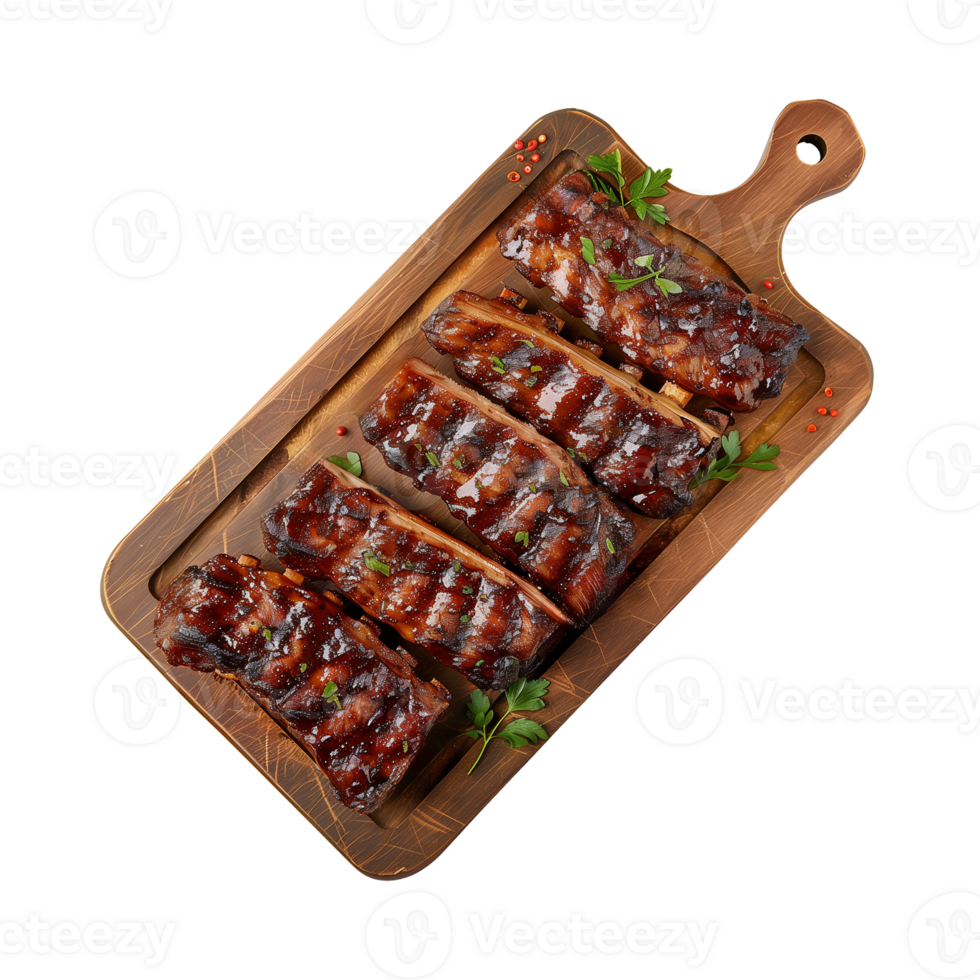 grilled spare ribs on wooden cutting board isolated on a transparent background, top view png