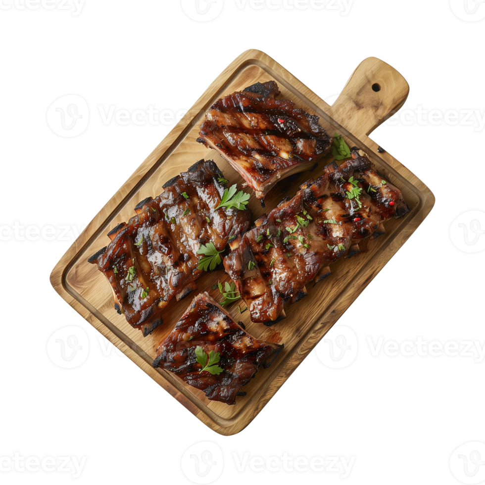 grilled spare ribs on wooden cutting board isolated on a transparent background, top view png