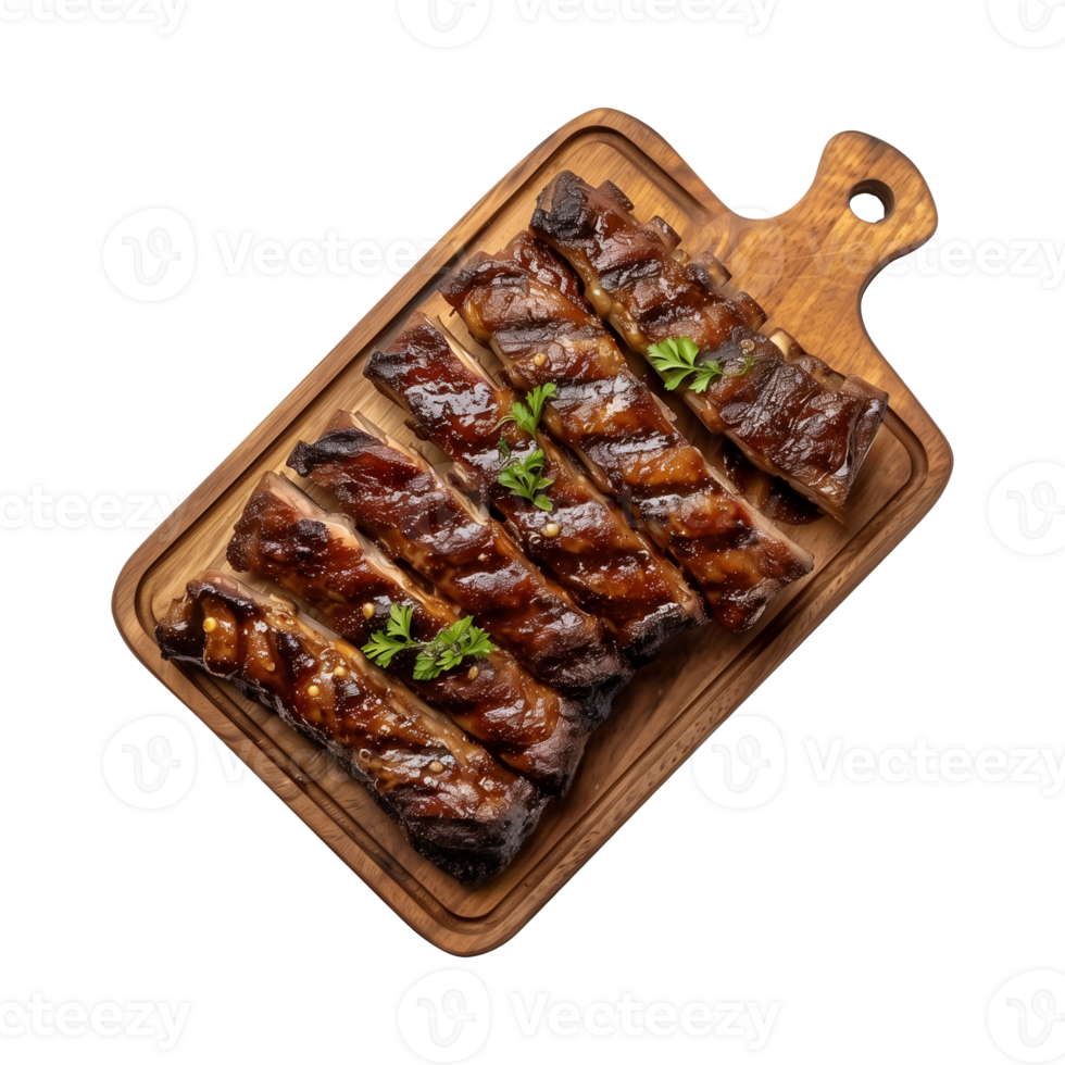 grilled spare ribs on wooden cutting board isolated on a transparent background, top view png