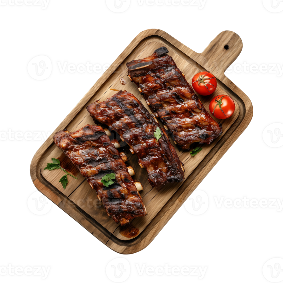 grilled spare ribs on wooden cutting board isolated on a transparent background, top view png