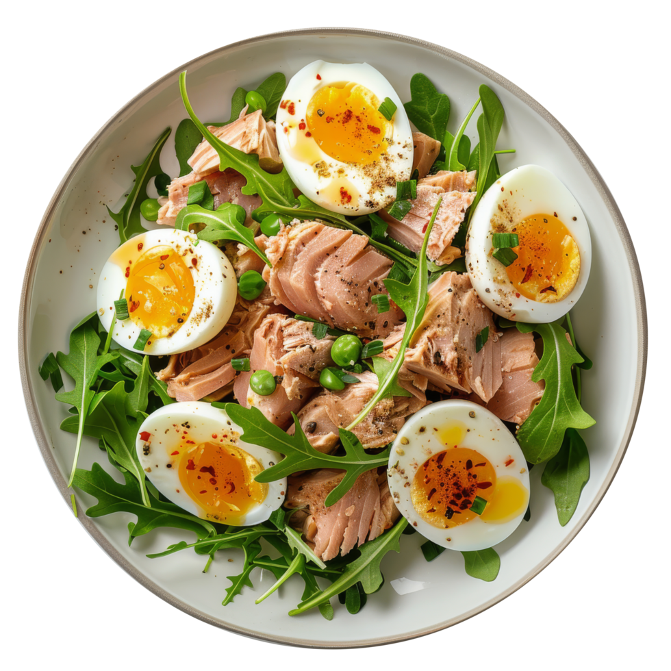 White Bowl Filled With Green Vegetables and Hard Boiled Eggs png