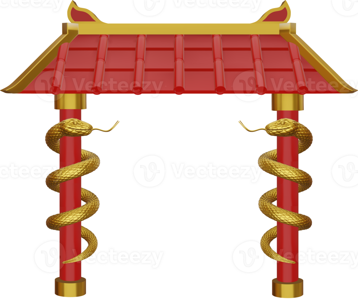chino templo 3d ilustración con oro serpientes. chino nuevo año 2025 templo con dorado serpientes png