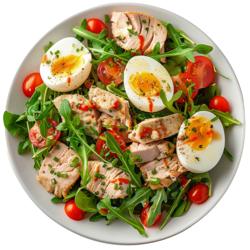 Fresco ensalada con difícil hervido huevos en blanco plato png