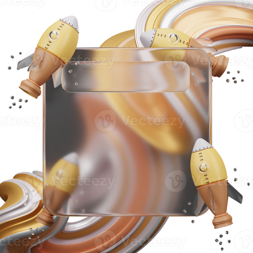 3d rendering of glassmorphism design with rocket and abstract png