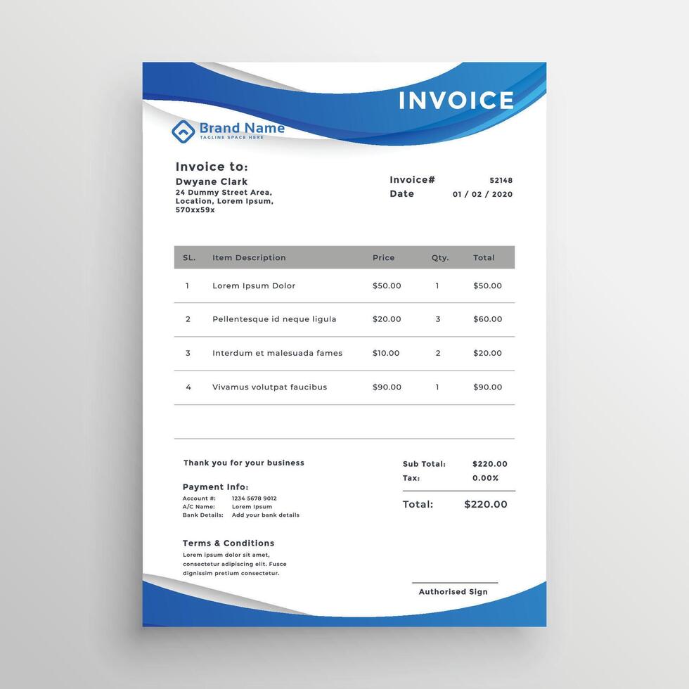 professional blue wavy style invoice template vector