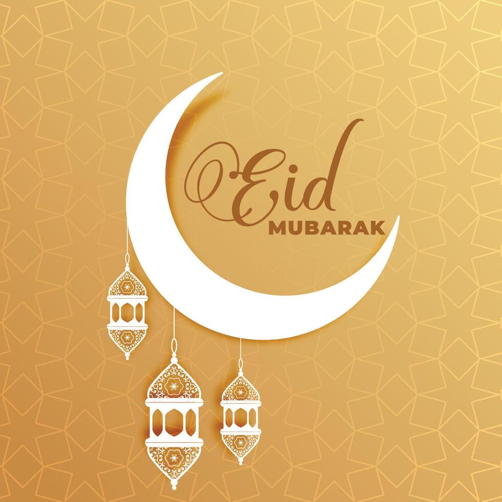 atractivo eid Mubarak Luna y lamparas saludo diseño vector