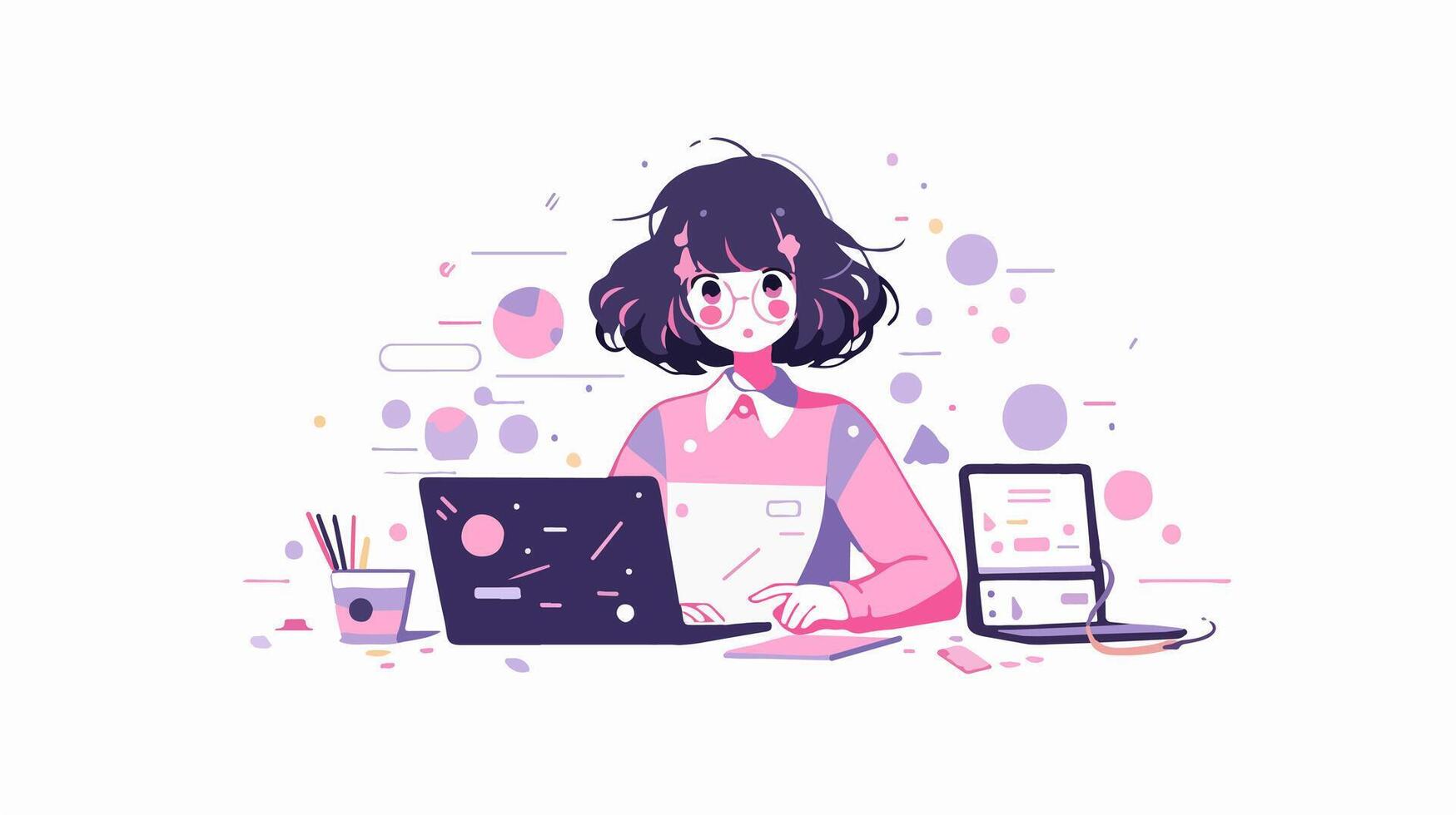 Cute surprised girl with laptop. Flat memphis style illustration vector