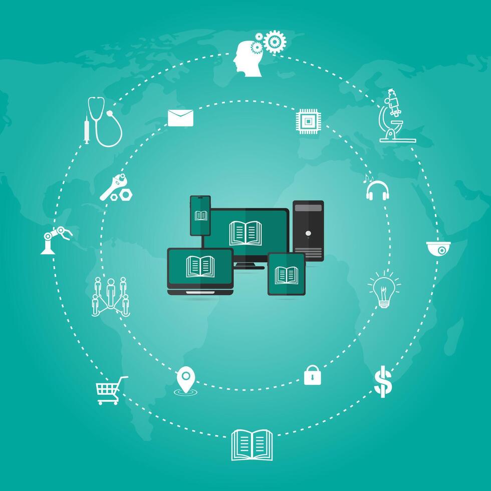 Graphic of a computer communication device with a book page as a screen. vector