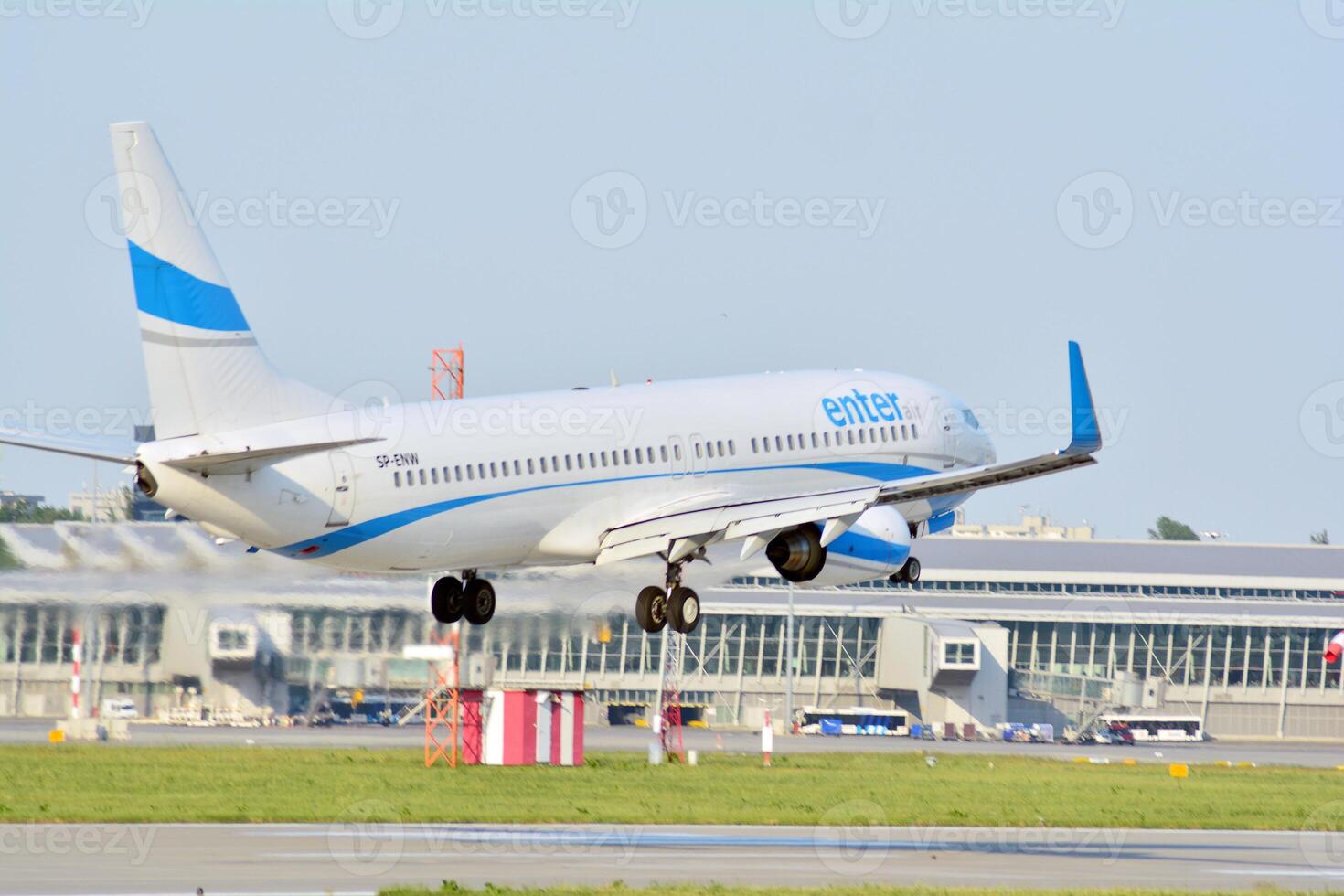 Warsaw, Poland. 8 June 2018. Plane just before landing at the Chopin airport. photo