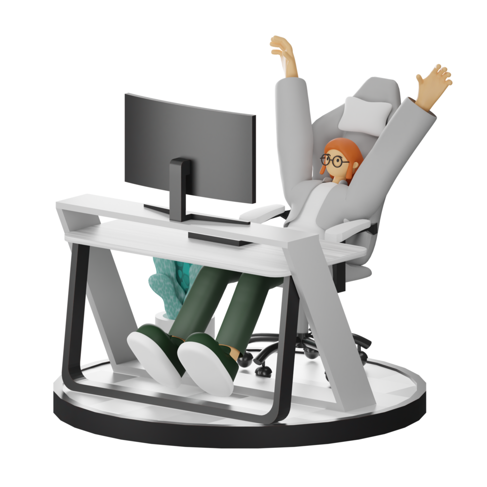 A Teenage Girl's Journey in 3D Illustration at the Computer Desk png