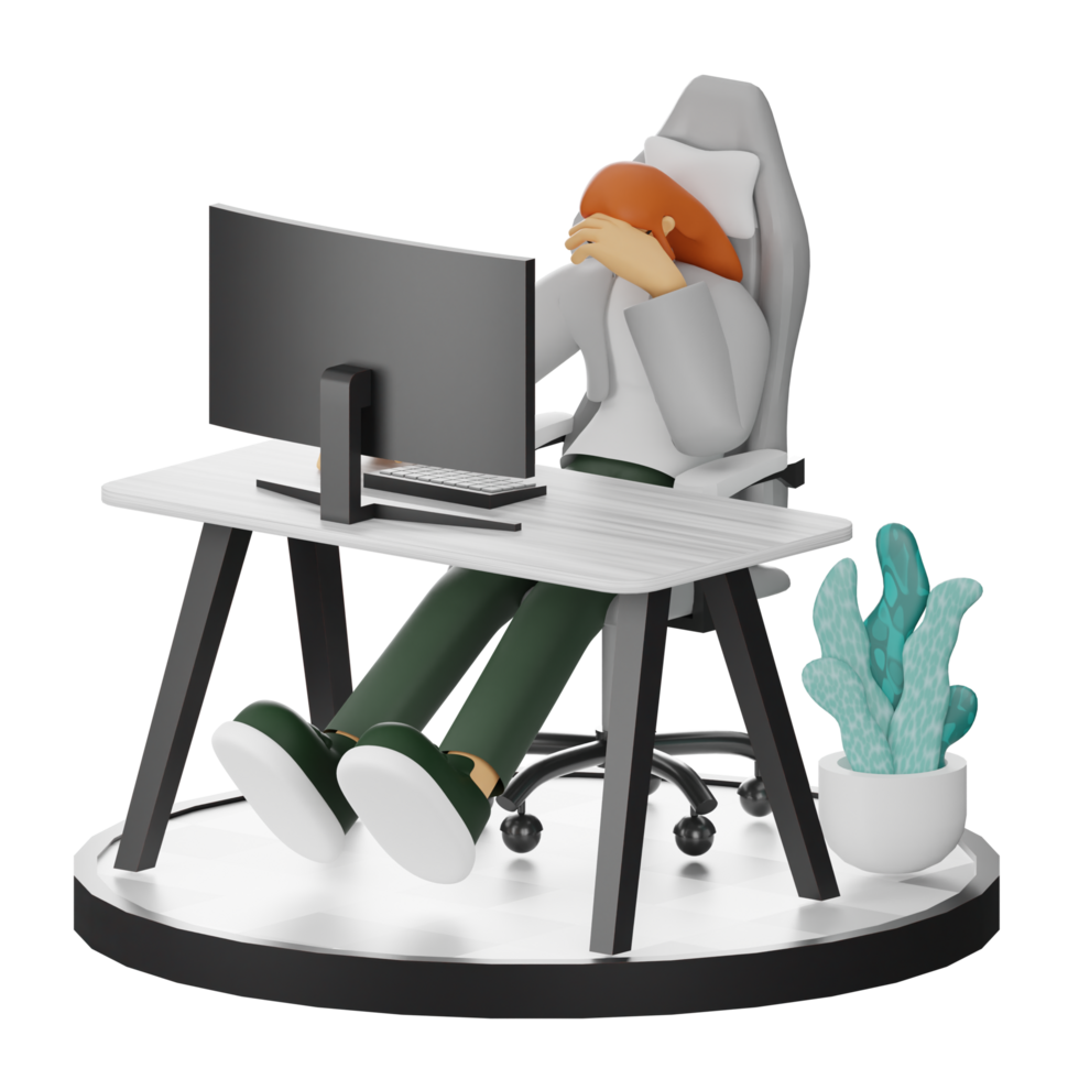 A Teenage Girl's Journey in 3D Illustration at the Computer Desk png
