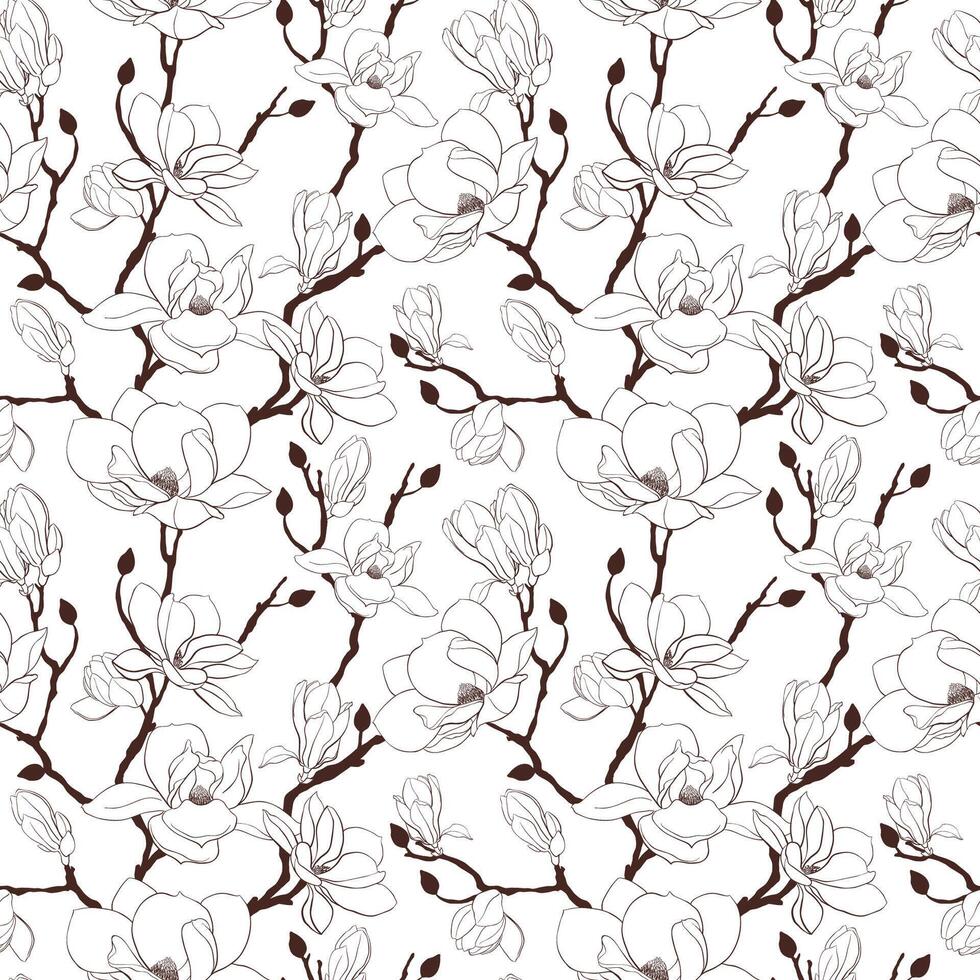 Floral seamless pattern with magnolia flowers, leaves and branches on white background. Vintage theme with spring flowers for fabric prints, greeting cards. Botanical wallpaper. Graphic element vector