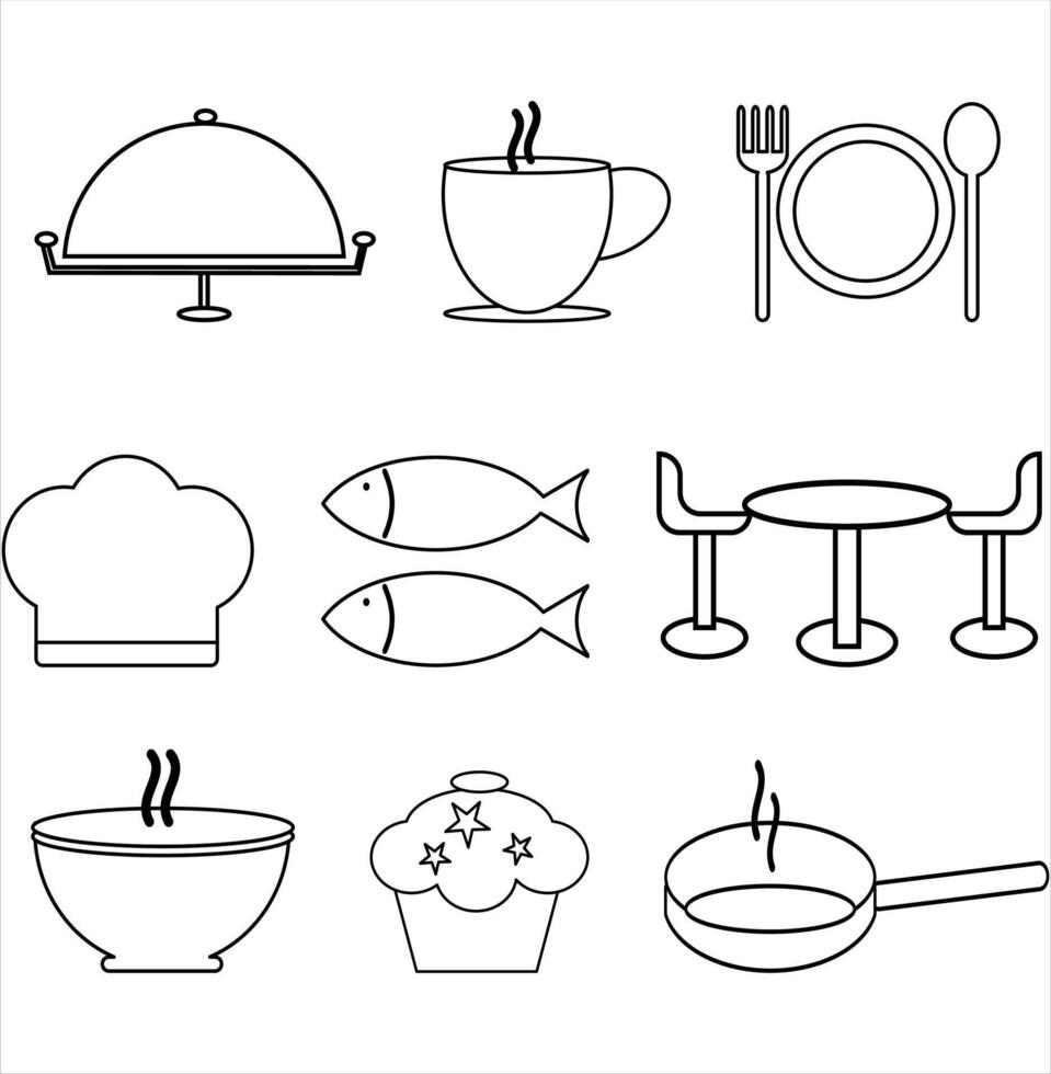 set of kitchen utensils and food icons vector