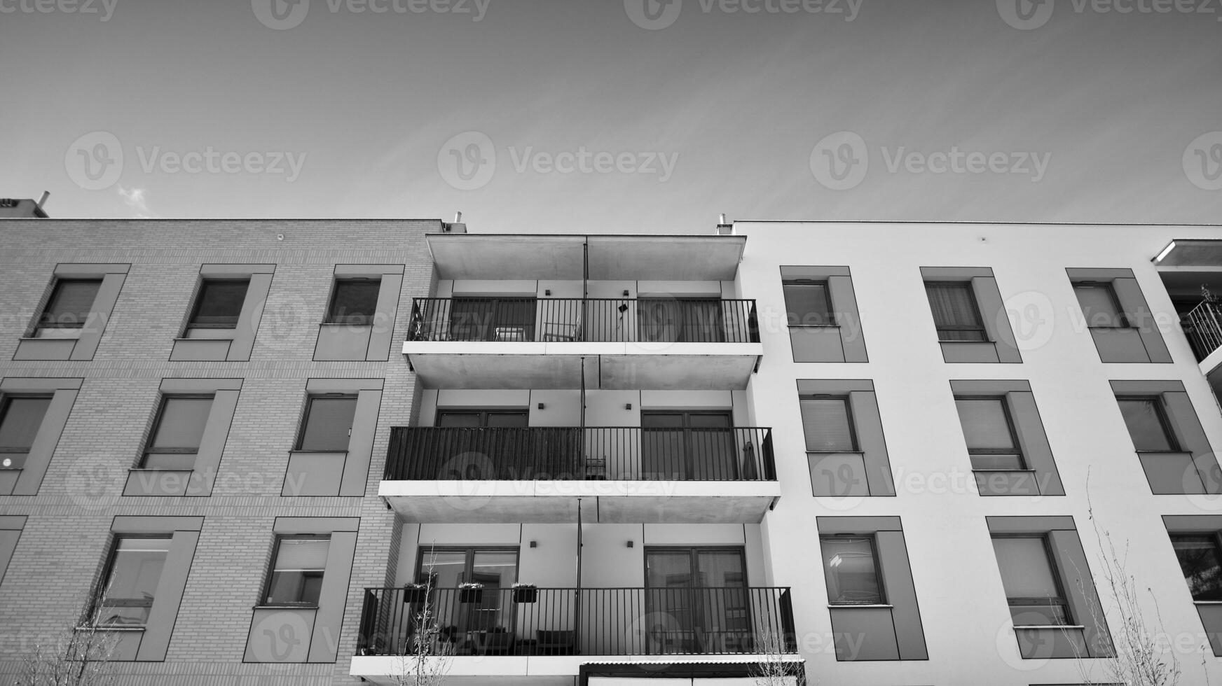 Fragment of the building's facade with windows and balconies. Modern apartment buildings on a sunny day. Facade of a modern residential building. Black and white. photo