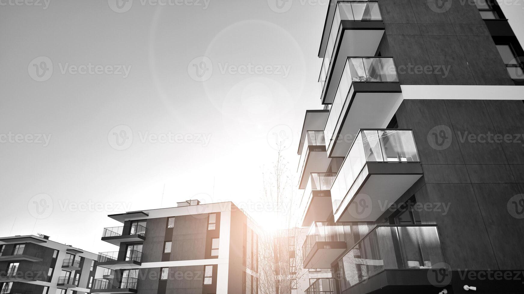 Fragment of the building's facade with windows and balconies. Modern apartment buildings on a sunny day. Facade of a modern residential building. Black and white. photo