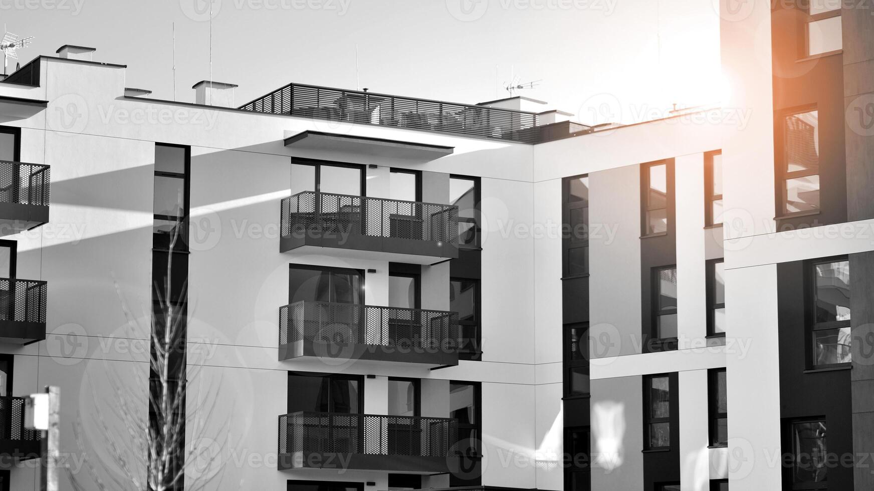 Fragment of the building's facade with windows and balconies. Modern apartment buildings on a sunny day. Facade of a modern residential building. Black and white. photo
